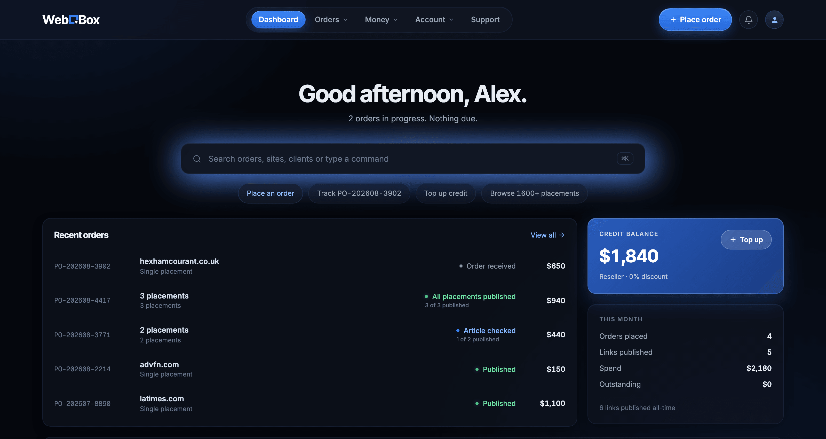 The WebBox portal dashboard: credit balance, recent orders and live placement status